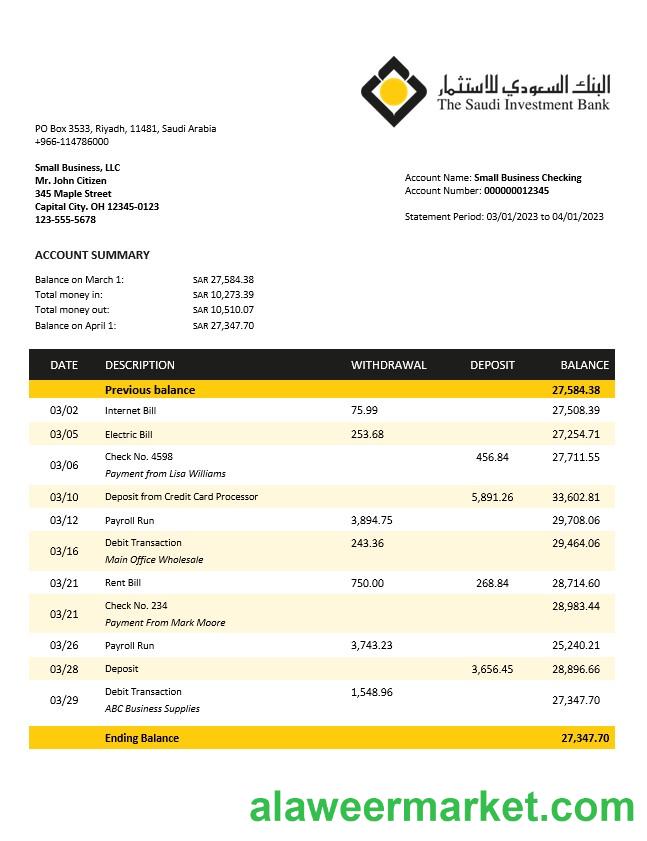 Saudi Investment Bank business checking account statement Word and PDF template
